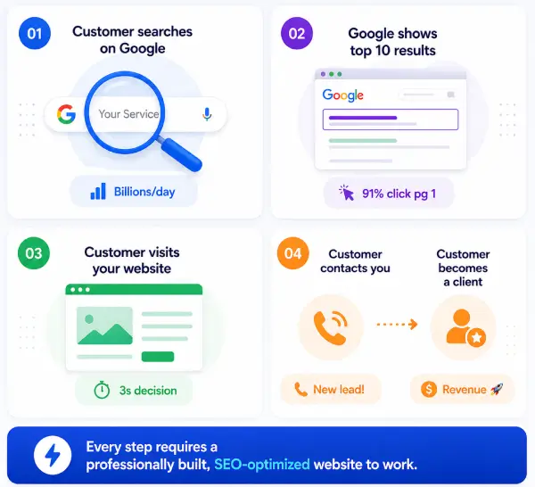 SEO-optimized SaaS infographic showing the customer journey from Google Search to business growth. The square infographic features five stages: customer searches on Google, Google displays top 10 search results, customer visits a website, customer contacts the business, and customer becomes a paying client. Modern UI icons, conversion-focused statistics, and clean blue gradient design highlight the importance of a professionally built, SEO-optimized website for generating leads, increasing search rankings, and growing online revenue.